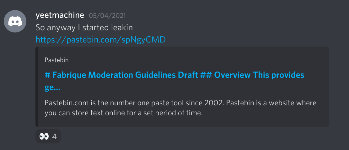 The message linking the 'leaked' Pastebin document