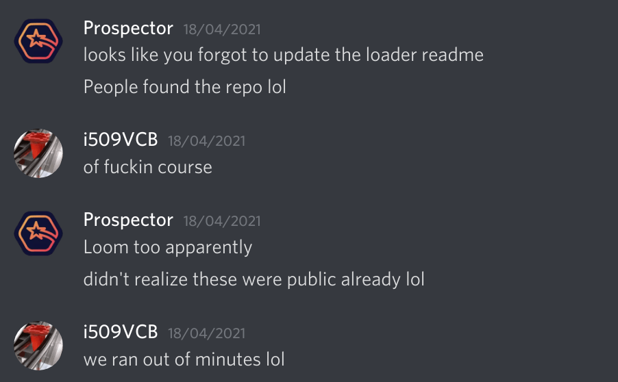 i509VCB and Prospector talk about people finding the forked Loom repository