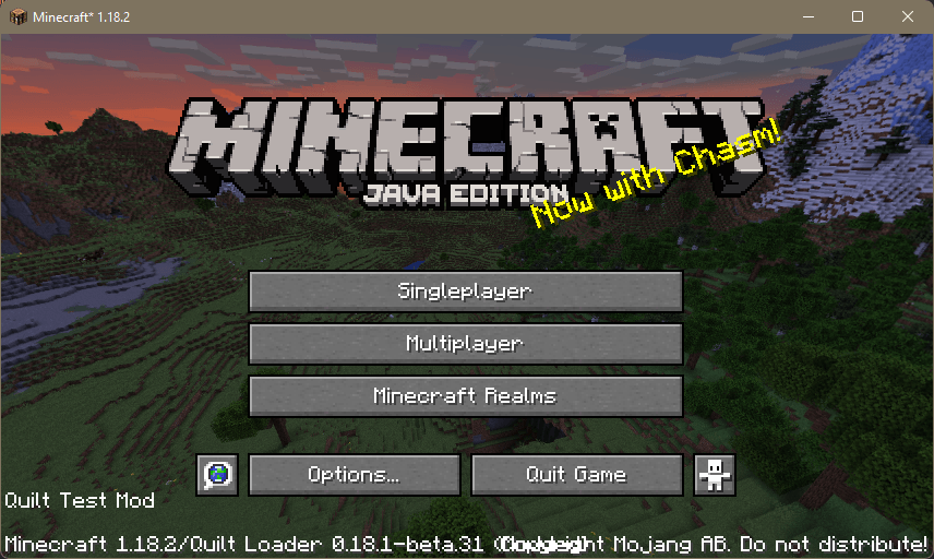 An image of Minecraft's title screen, with the splash text reading "Now with Chasm!" thanks to a Chasm transformation.