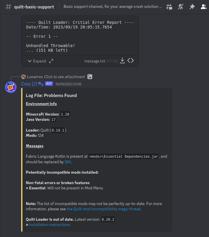 An image of Cozy helping out a user in the Quilt discord server using its log parsing.