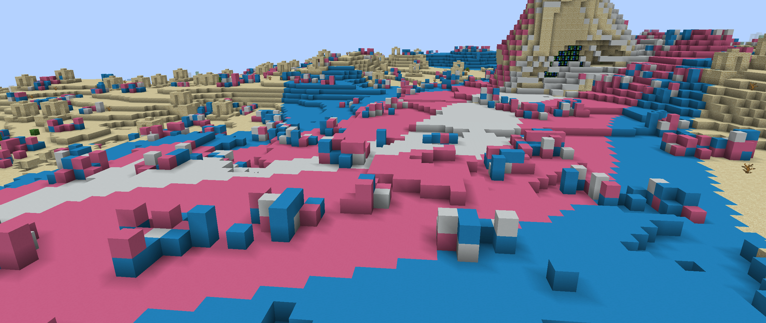 An image of the Minecraft's ground transformed into a gorgeous transgender flag.
