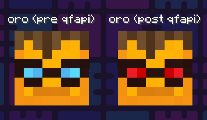 A comparison of OroArmor's two profile pictures, featuring one head with blue eyes titled "oro (pre qfapi)" and one with red eyes titled "oro (post qfapi).