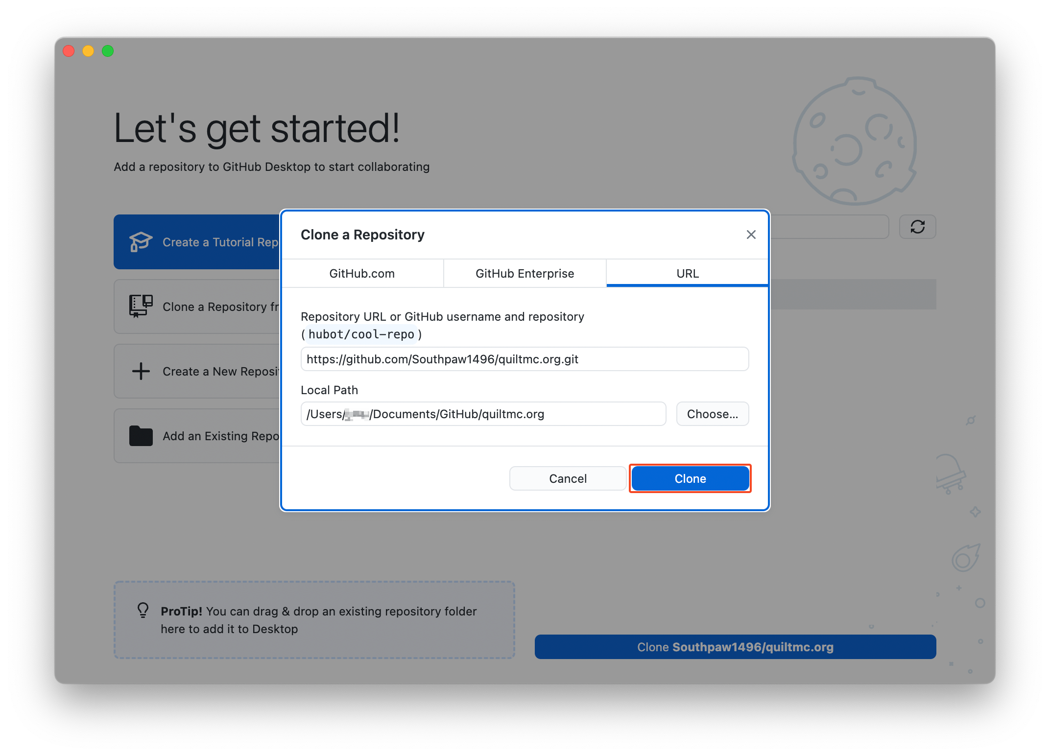 Screenshot of the repository cloning confirmation screen of GitHub Desktop